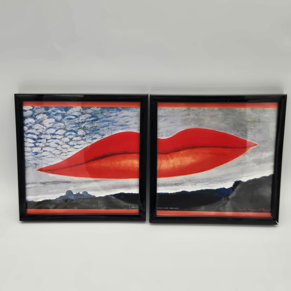 Man Ray Observatory Time The Lovers Floating Red Lips Framed Art Set of 2 5.5"